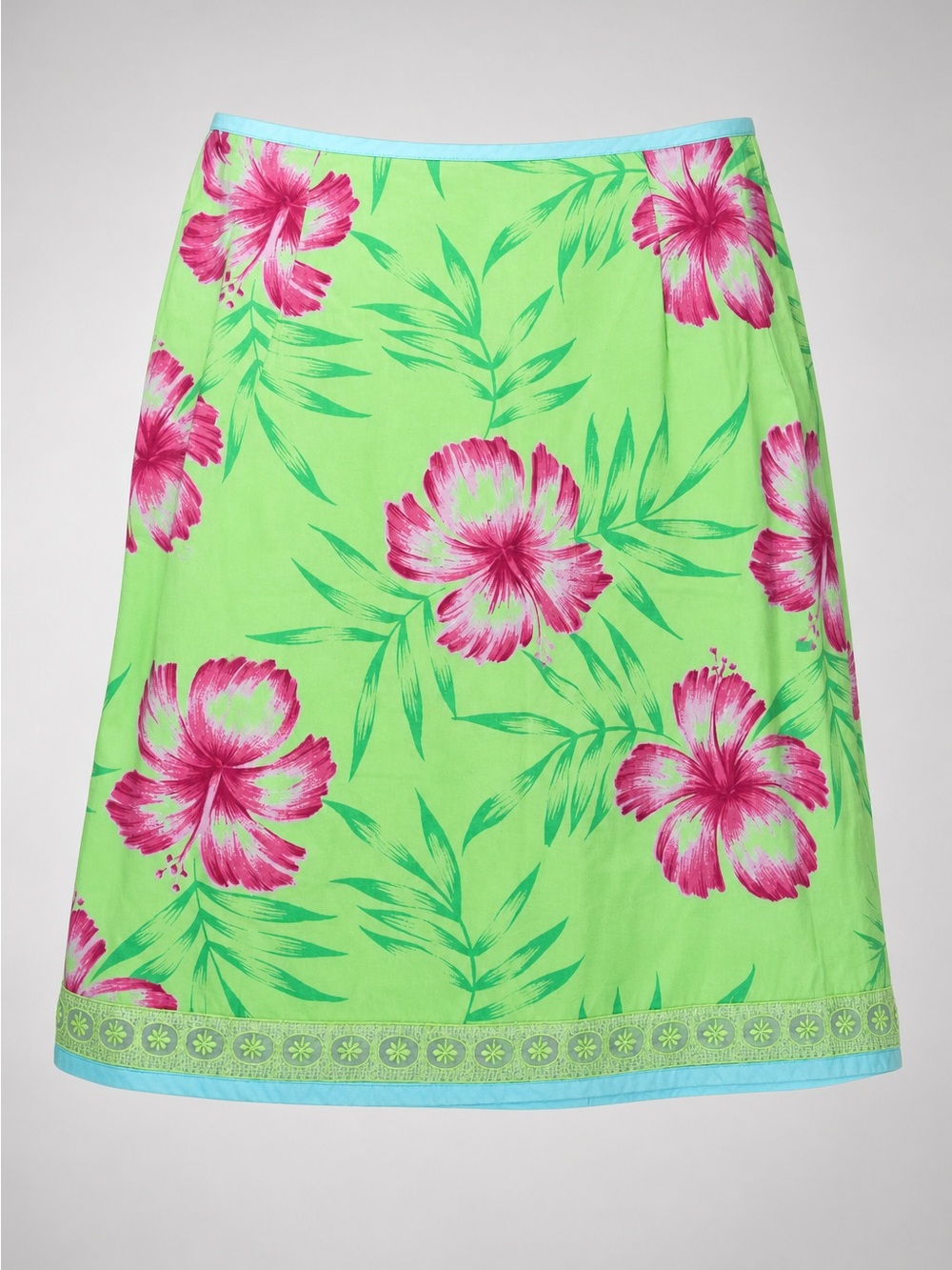 Roxy Lime Green Swim Sarong Skirt with Pink Hibiscus Print